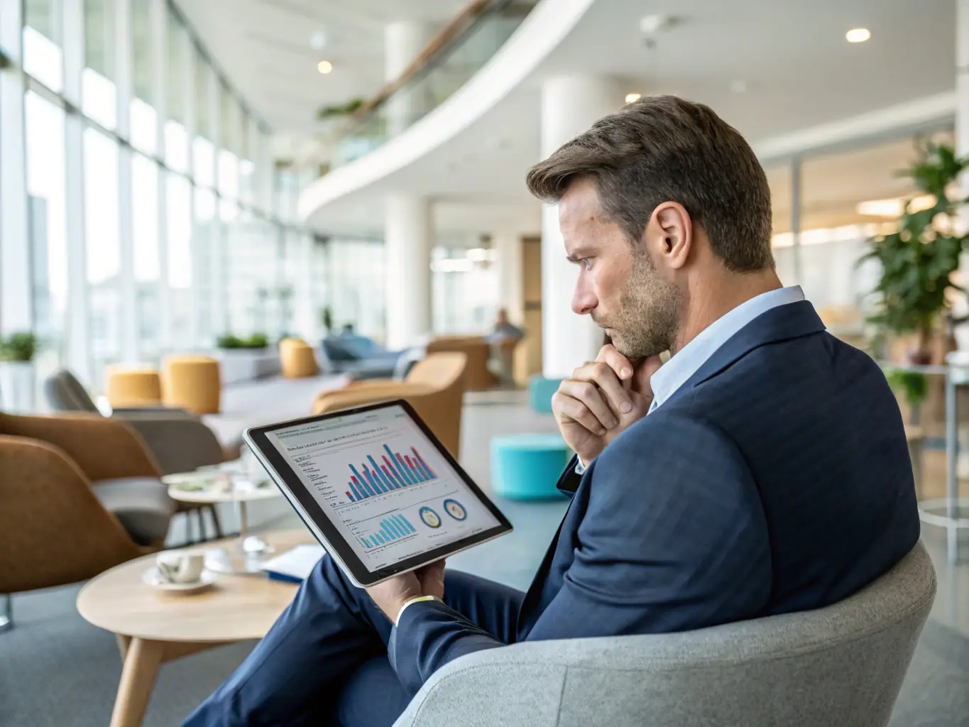 A professional businessman analyzing financial data on a tablet, with charts and graphs displayed, in a modern office setting. The image should convey a sense of informed decision-making and strategic planning.