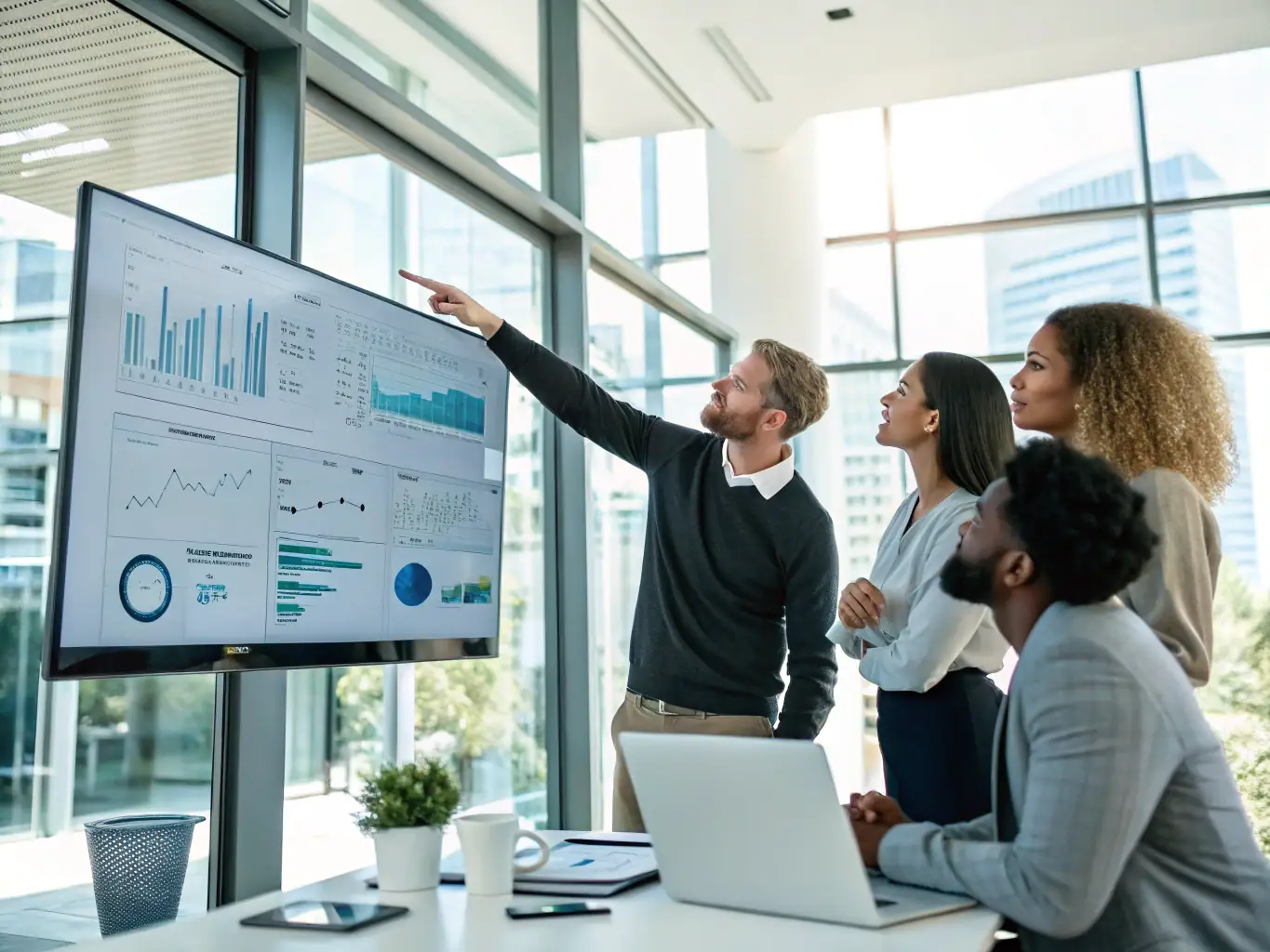 A diverse team collaborating around a large interactive dashboard displaying financial metrics and performance indicators, in a bright and collaborative workspace. The image should convey teamwork and data-driven decision-making.