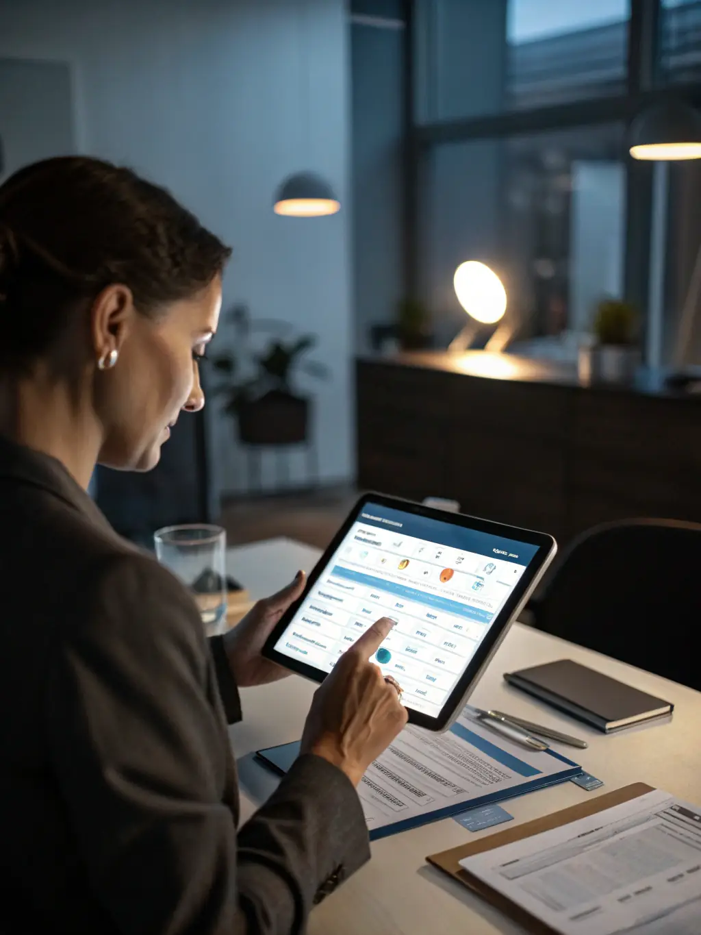 A professional businessman analyzing financial data on a tablet, showcasing the real-time analytics feature of Payherowk.